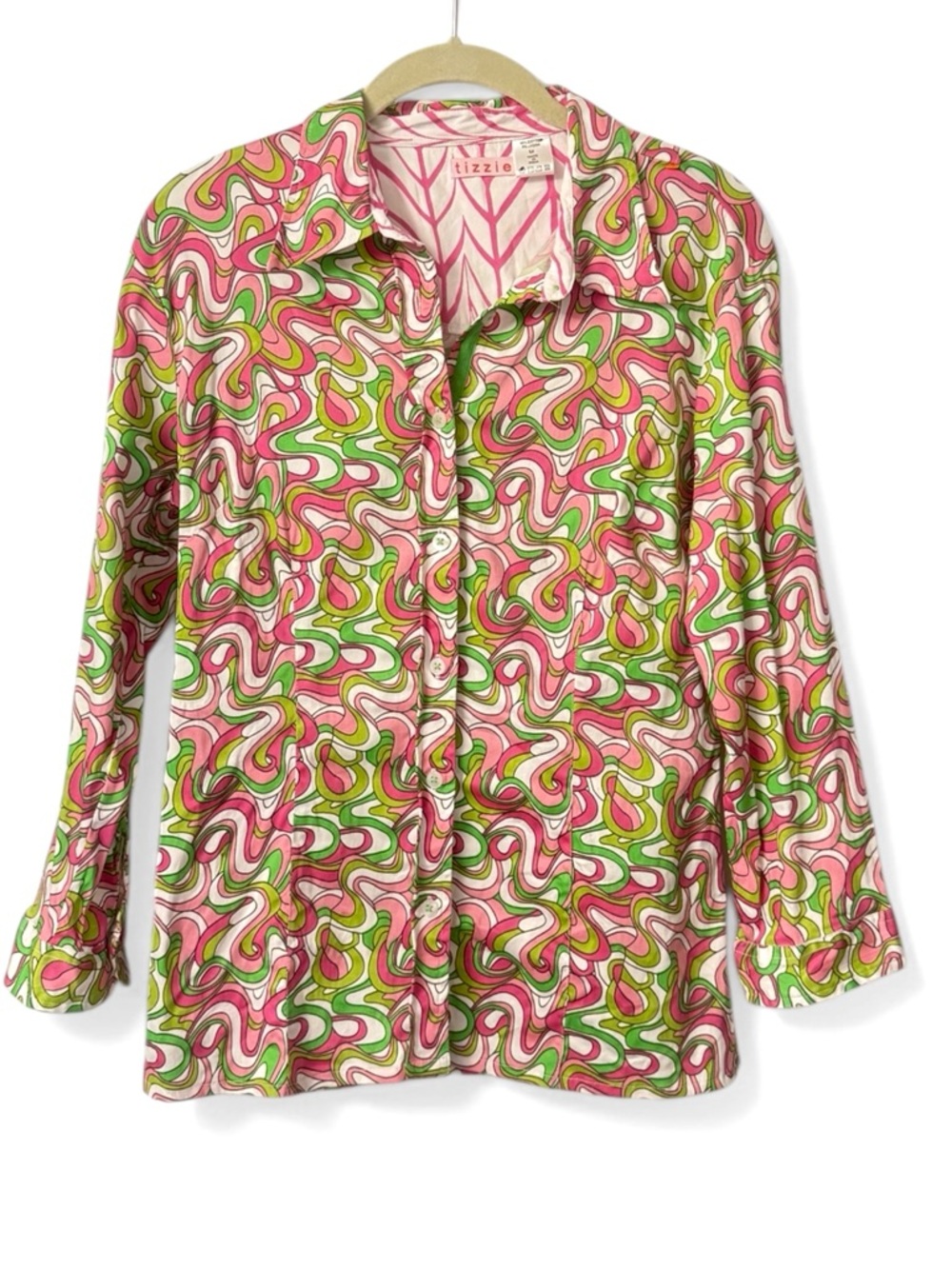Tizzie Cotton Stretch Button Up Shirt Palm Beach Pink Green Abstract Print M